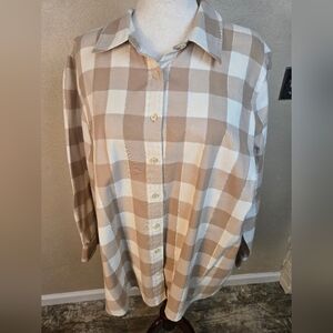 Talbots Women's Tan Beige Plaid Metallic Button Down Shirt 3X (6113)